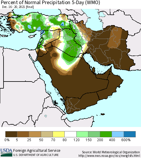 Middle East and Turkey Percent of Normal Precipitation 5-Day (WMO) Thematic Map For 12/16/2021 - 12/20/2021
