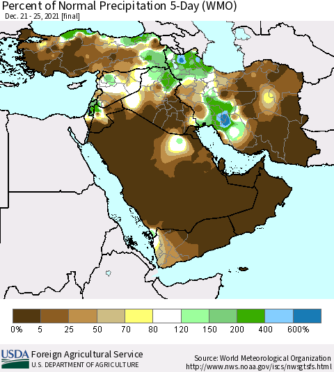 Middle East and Turkey Percent of Normal Precipitation 5-Day (WMO) Thematic Map For 12/21/2021 - 12/25/2021