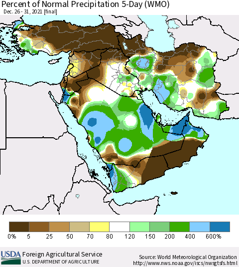 Middle East and Turkey Percent of Normal Precipitation 5-Day (WMO) Thematic Map For 12/26/2021 - 12/31/2021
