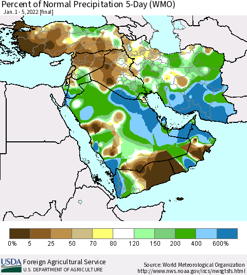 Middle East and Turkey Percent of Normal Precipitation 5-Day (WMO) Thematic Map For 1/1/2022 - 1/5/2022