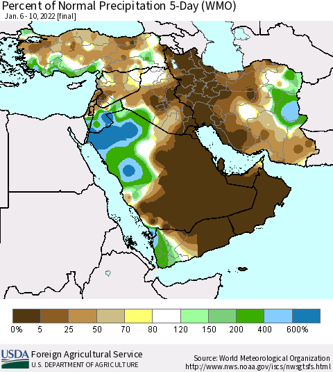 Middle East and Turkey Percent of Normal Precipitation 5-Day (WMO) Thematic Map For 1/6/2022 - 1/10/2022