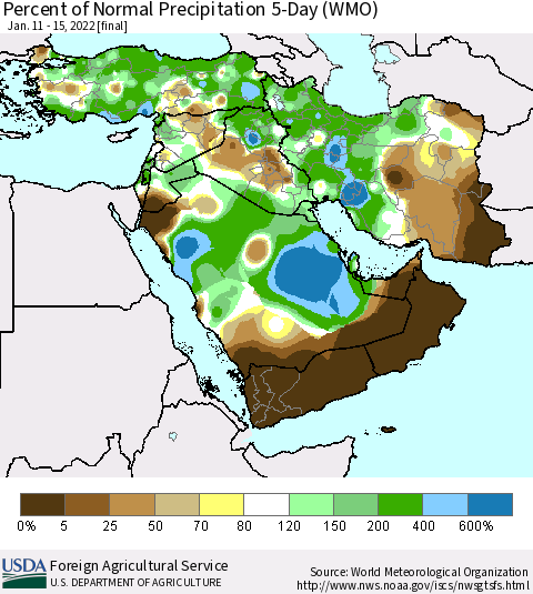 Middle East and Turkey Percent of Normal Precipitation 5-Day (WMO) Thematic Map For 1/11/2022 - 1/15/2022
