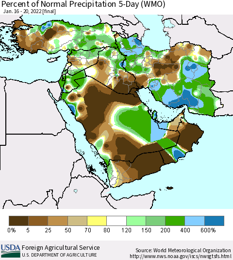Middle East and Turkey Percent of Normal Precipitation 5-Day (WMO) Thematic Map For 1/16/2022 - 1/20/2022