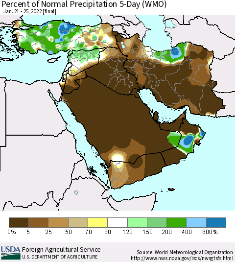 Middle East and Turkey Percent of Normal Precipitation 5-Day (WMO) Thematic Map For 1/21/2022 - 1/25/2022