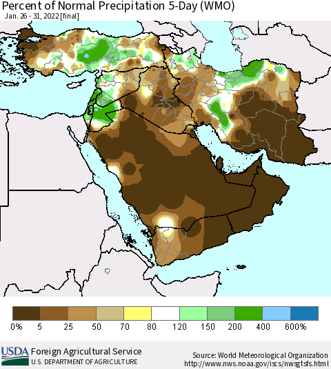 Middle East and Turkey Percent of Normal Precipitation 5-Day (WMO) Thematic Map For 1/26/2022 - 1/31/2022
