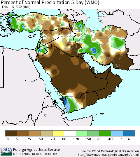 Middle East and Turkey Percent of Normal Precipitation 5-Day (WMO) Thematic Map For 2/1/2022 - 2/5/2022