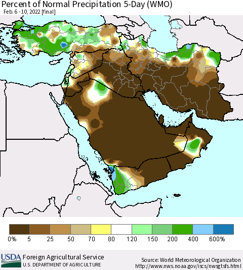 Middle East and Turkey Percent of Normal Precipitation 5-Day (WMO) Thematic Map For 2/6/2022 - 2/10/2022