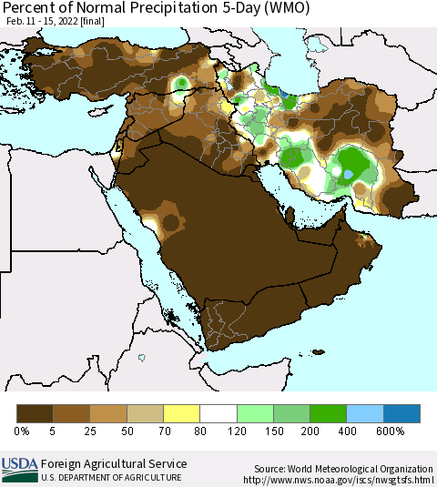 Middle East and Turkey Percent of Normal Precipitation 5-Day (WMO) Thematic Map For 2/11/2022 - 2/15/2022