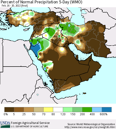 Middle East and Turkey Percent of Normal Precipitation 5-Day (WMO) Thematic Map For 2/16/2022 - 2/20/2022