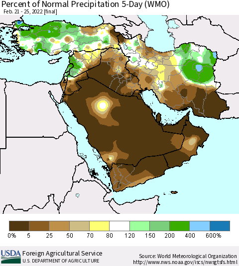 Middle East and Turkey Percent of Normal Precipitation 5-Day (WMO) Thematic Map For 2/21/2022 - 2/25/2022