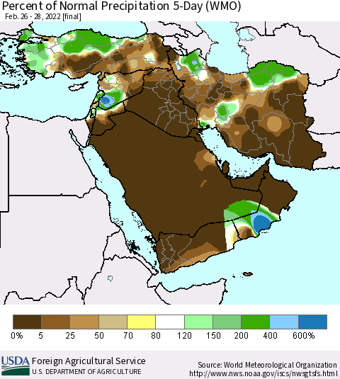 Middle East and Turkey Percent of Normal Precipitation 5-Day (WMO) Thematic Map For 2/26/2022 - 2/28/2022