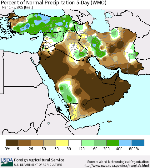 Middle East and Turkey Percent of Normal Precipitation 5-Day (WMO) Thematic Map For 3/1/2022 - 3/5/2022