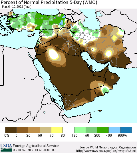 Middle East and Turkey Percent of Normal Precipitation 5-Day (WMO) Thematic Map For 3/6/2022 - 3/10/2022