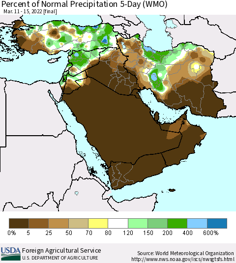 Middle East and Turkey Percent of Normal Precipitation 5-Day (WMO) Thematic Map For 3/11/2022 - 3/15/2022