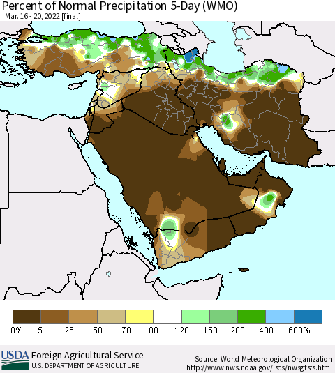 Middle East and Turkey Percent of Normal Precipitation 5-Day (WMO) Thematic Map For 3/16/2022 - 3/20/2022