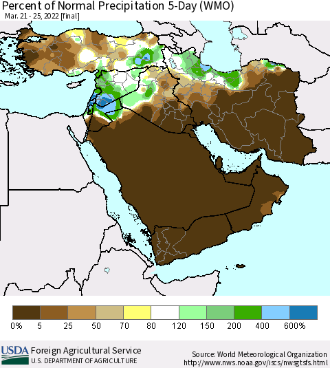Middle East and Turkey Percent of Normal Precipitation 5-Day (WMO) Thematic Map For 3/21/2022 - 3/25/2022