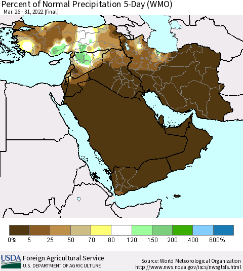 Middle East and Turkey Percent of Normal Precipitation 5-Day (WMO) Thematic Map For 3/26/2022 - 3/31/2022