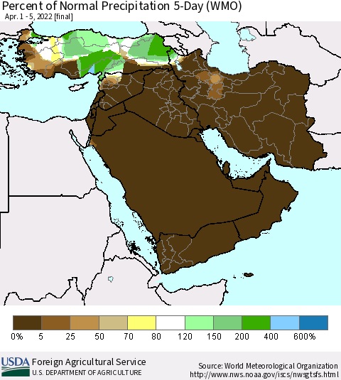 Middle East and Turkey Percent of Normal Precipitation 5-Day (WMO) Thematic Map For 4/1/2022 - 4/5/2022