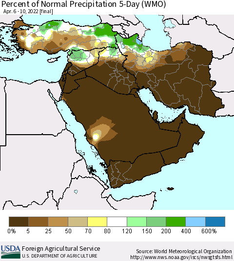 Middle East and Turkey Percent of Normal Precipitation 5-Day (WMO) Thematic Map For 4/6/2022 - 4/10/2022