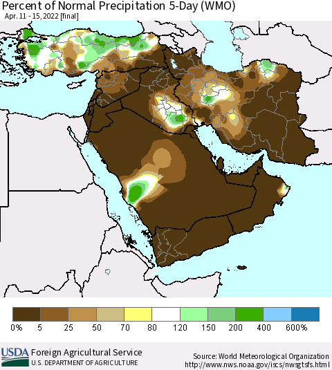 Middle East and Turkey Percent of Normal Precipitation 5-Day (WMO) Thematic Map For 4/11/2022 - 4/15/2022
