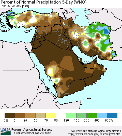 Middle East and Turkey Percent of Normal Precipitation 5-Day (WMO) Thematic Map For 4/16/2022 - 4/20/2022