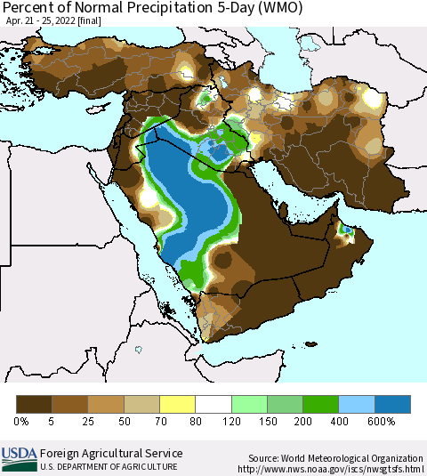 Middle East and Turkey Percent of Normal Precipitation 5-Day (WMO) Thematic Map For 4/21/2022 - 4/25/2022