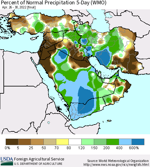 Middle East and Turkey Percent of Normal Precipitation 5-Day (WMO) Thematic Map For 4/26/2022 - 4/30/2022