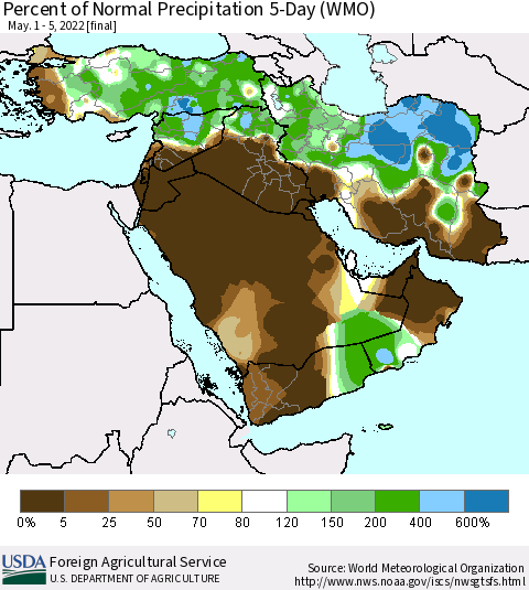 Middle East and Turkey Percent of Normal Precipitation 5-Day (WMO) Thematic Map For 5/1/2022 - 5/5/2022