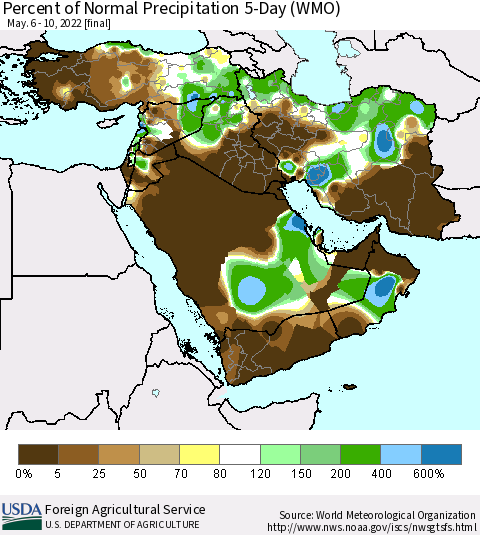 Middle East and Turkey Percent of Normal Precipitation 5-Day (WMO) Thematic Map For 5/6/2022 - 5/10/2022