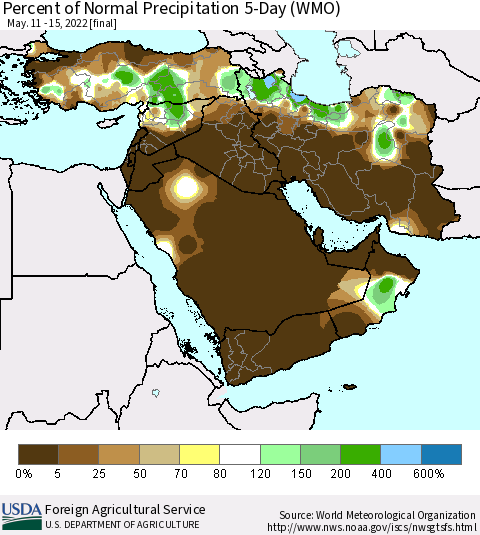 Middle East and Turkey Percent of Normal Precipitation 5-Day (WMO) Thematic Map For 5/11/2022 - 5/15/2022