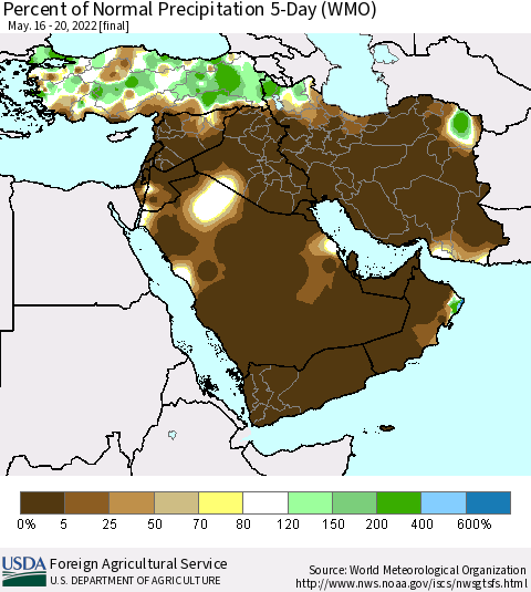 Middle East and Turkey Percent of Normal Precipitation 5-Day (WMO) Thematic Map For 5/16/2022 - 5/20/2022