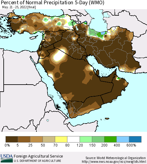 Middle East and Turkey Percent of Normal Precipitation 5-Day (WMO) Thematic Map For 5/21/2022 - 5/25/2022