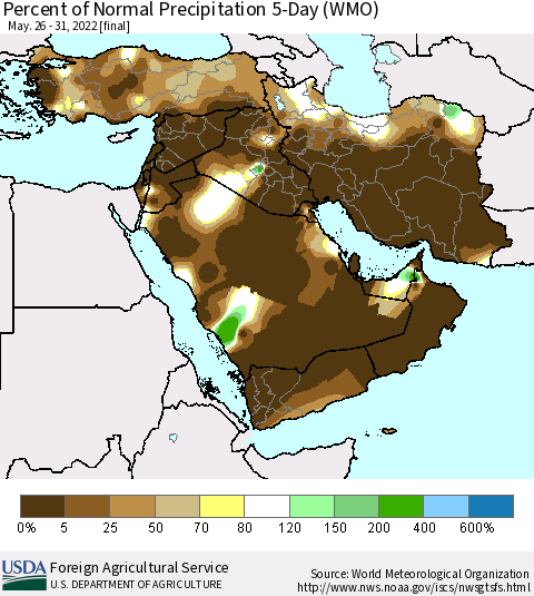Middle East and Turkey Percent of Normal Precipitation 5-Day (WMO) Thematic Map For 5/26/2022 - 5/31/2022