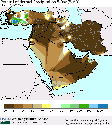 Middle East and Turkey Percent of Normal Precipitation 5-Day (WMO) Thematic Map For 6/1/2022 - 6/5/2022