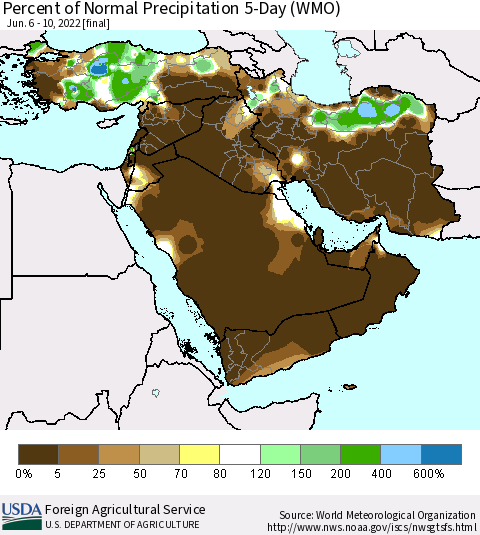 Middle East and Turkey Percent of Normal Precipitation 5-Day (WMO) Thematic Map For 6/6/2022 - 6/10/2022