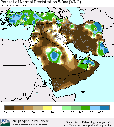 Middle East and Turkey Percent of Normal Precipitation 5-Day (WMO) Thematic Map For 6/11/2022 - 6/15/2022