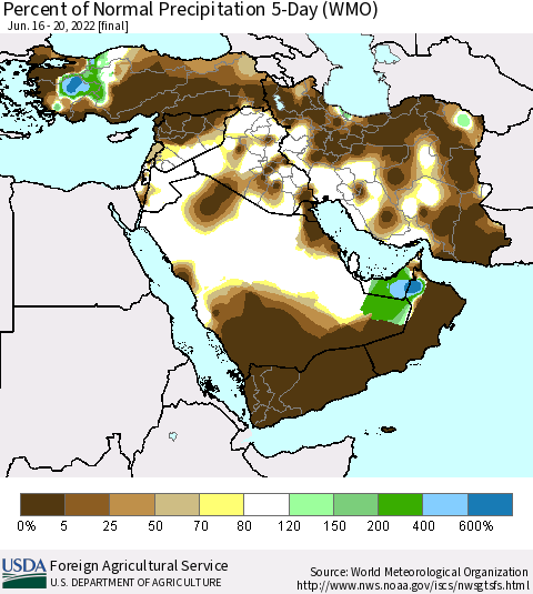 Middle East and Turkey Percent of Normal Precipitation 5-Day (WMO) Thematic Map For 6/16/2022 - 6/20/2022