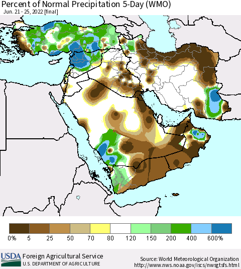 Middle East and Turkey Percent of Normal Precipitation 5-Day (WMO) Thematic Map For 6/21/2022 - 6/25/2022