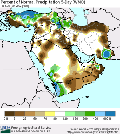 Middle East and Turkey Percent of Normal Precipitation 5-Day (WMO) Thematic Map For 6/26/2022 - 6/30/2022