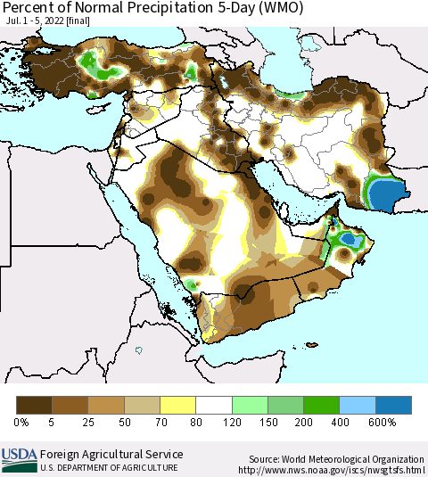 Middle East and Turkey Percent of Normal Precipitation 5-Day (WMO) Thematic Map For 7/1/2022 - 7/5/2022