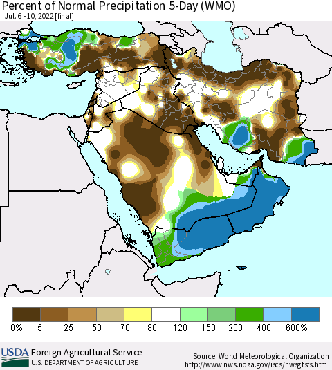 Middle East and Turkey Percent of Normal Precipitation 5-Day (WMO) Thematic Map For 7/6/2022 - 7/10/2022