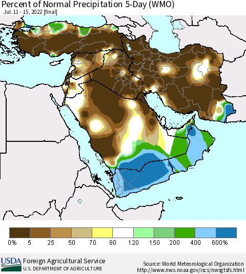 Middle East and Turkey Percent of Normal Precipitation 5-Day (WMO) Thematic Map For 7/11/2022 - 7/15/2022