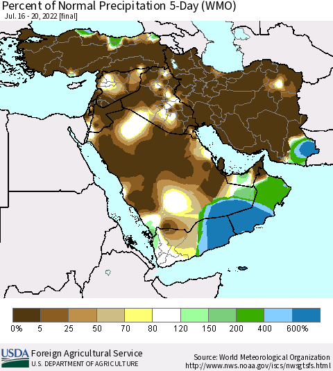 Middle East and Turkey Percent of Normal Precipitation 5-Day (WMO) Thematic Map For 7/16/2022 - 7/20/2022