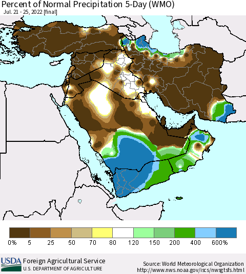 Middle East and Turkey Percent of Normal Precipitation 5-Day (WMO) Thematic Map For 7/21/2022 - 7/25/2022
