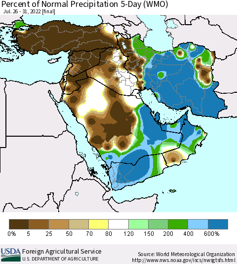 Middle East and Turkey Percent of Normal Precipitation 5-Day (WMO) Thematic Map For 7/26/2022 - 7/31/2022