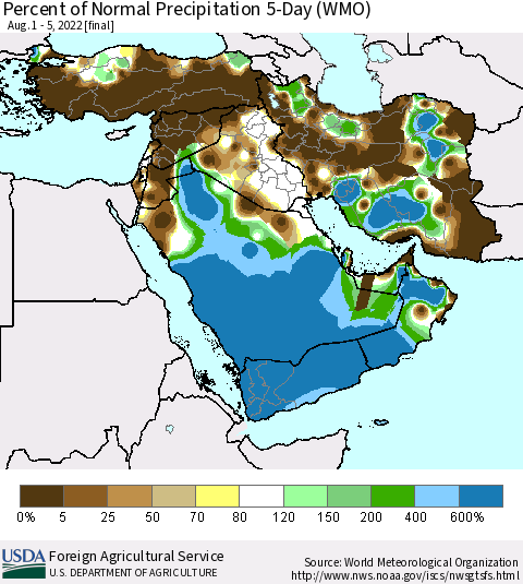 Middle East and Turkey Percent of Normal Precipitation 5-Day (WMO) Thematic Map For 8/1/2022 - 8/5/2022