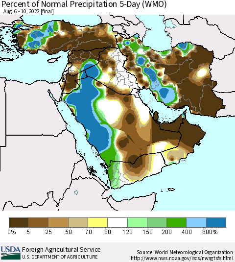 Middle East and Turkey Percent of Normal Precipitation 5-Day (WMO) Thematic Map For 8/6/2022 - 8/10/2022