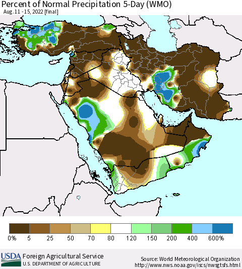 Middle East and Turkey Percent of Normal Precipitation 5-Day (WMO) Thematic Map For 8/11/2022 - 8/15/2022