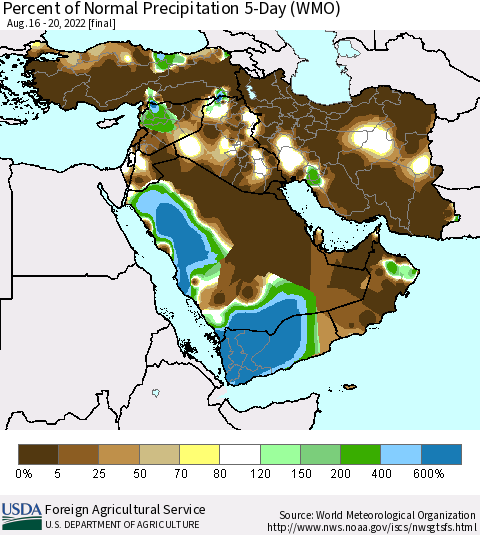 Middle East and Turkey Percent of Normal Precipitation 5-Day (WMO) Thematic Map For 8/16/2022 - 8/20/2022