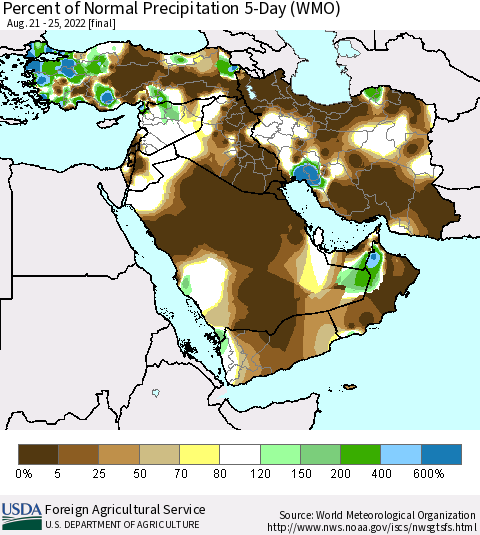 Middle East and Turkey Percent of Normal Precipitation 5-Day (WMO) Thematic Map For 8/21/2022 - 8/25/2022